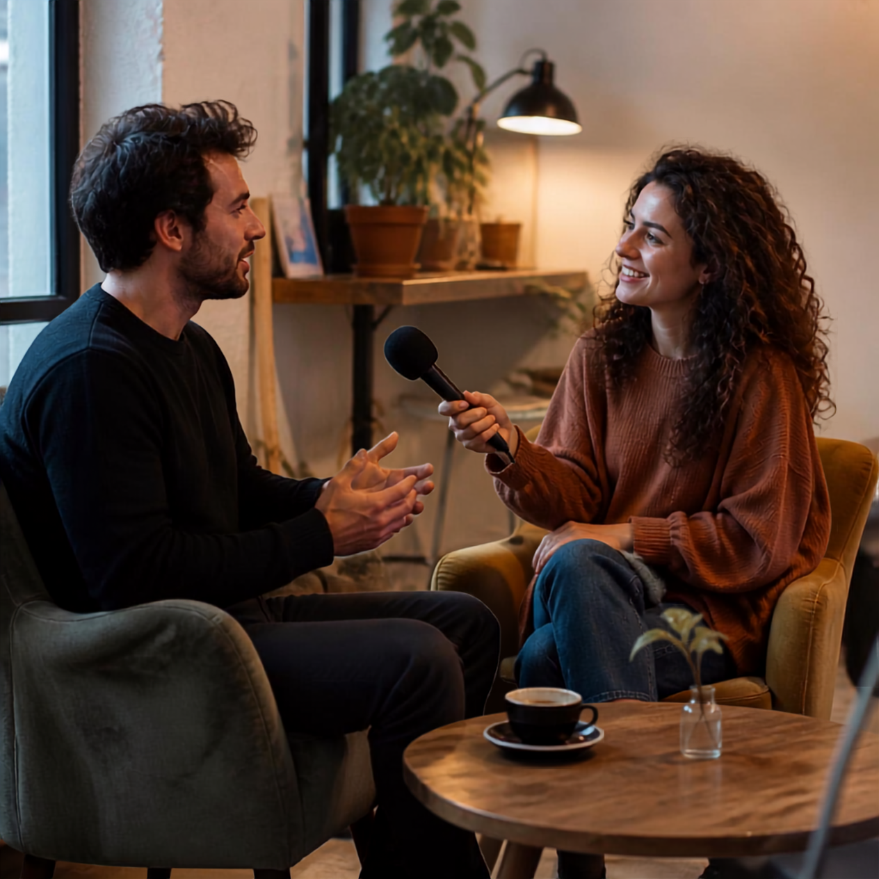 Ragazza con capelli ricci e lunghi intervista un ragazzo. Ambiente informale.